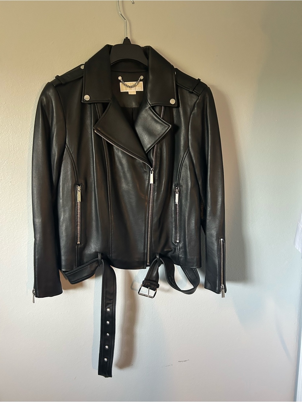 Michael Kors Black Leather Moto Jacket with Belted Waist